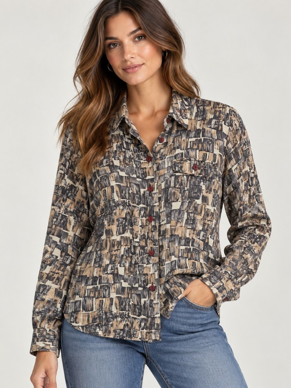 Jon Tagia 100% Silk Abstract Print Button-Up Blouse
